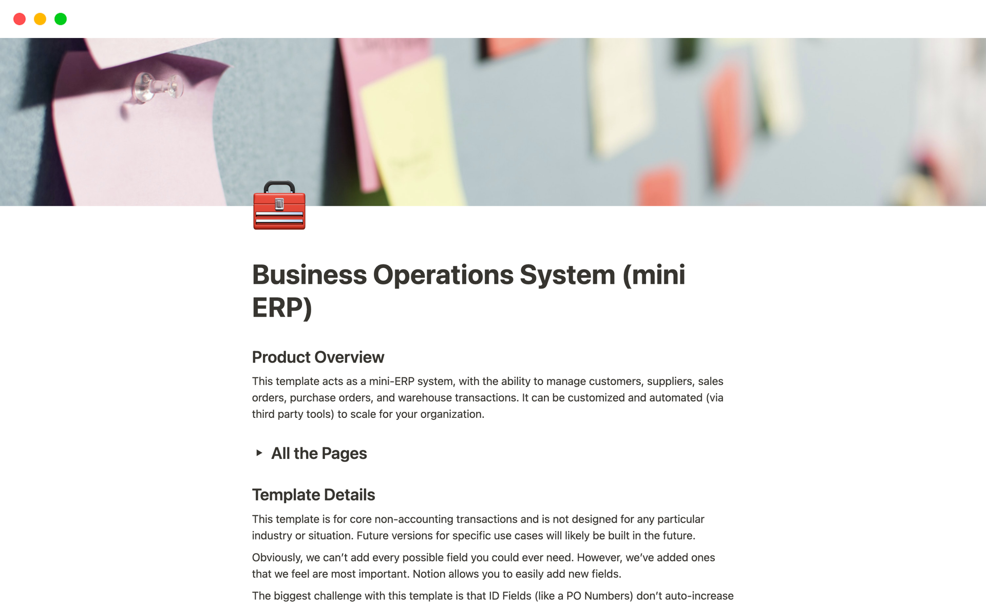En förhandsgranskning av mallen för Business Operations System (mini ERP)
