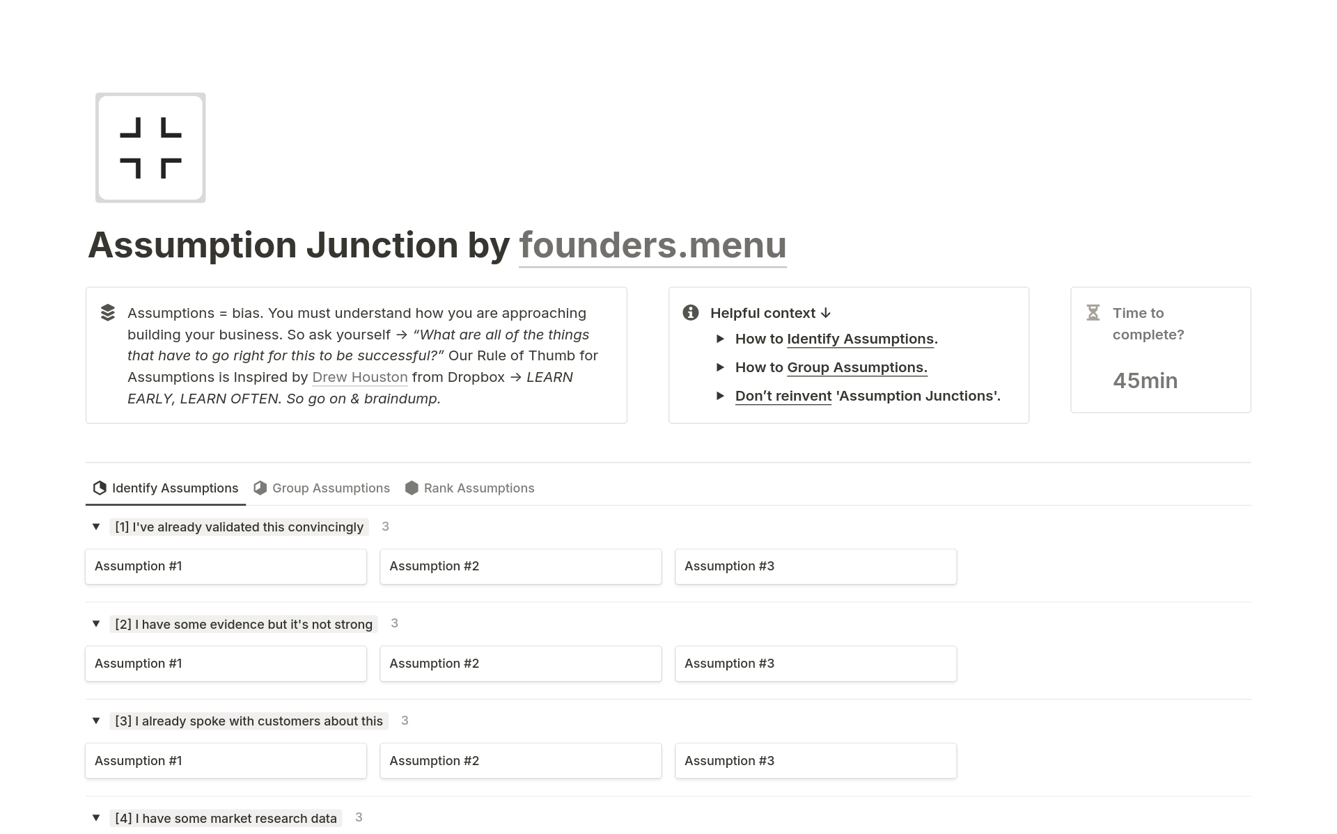 A template preview for FOUNDERS Assumption Junction