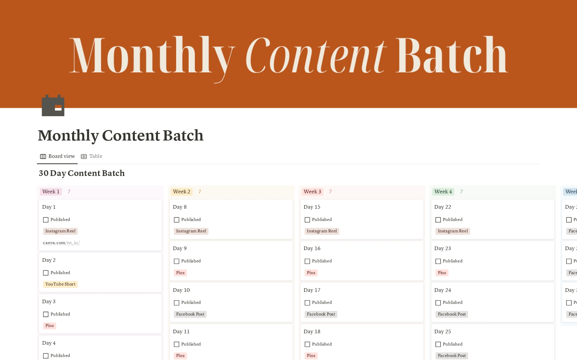 A simple kanban board that will save you time!
Get a ready-made kanban board to track your short-form content batch for a month
