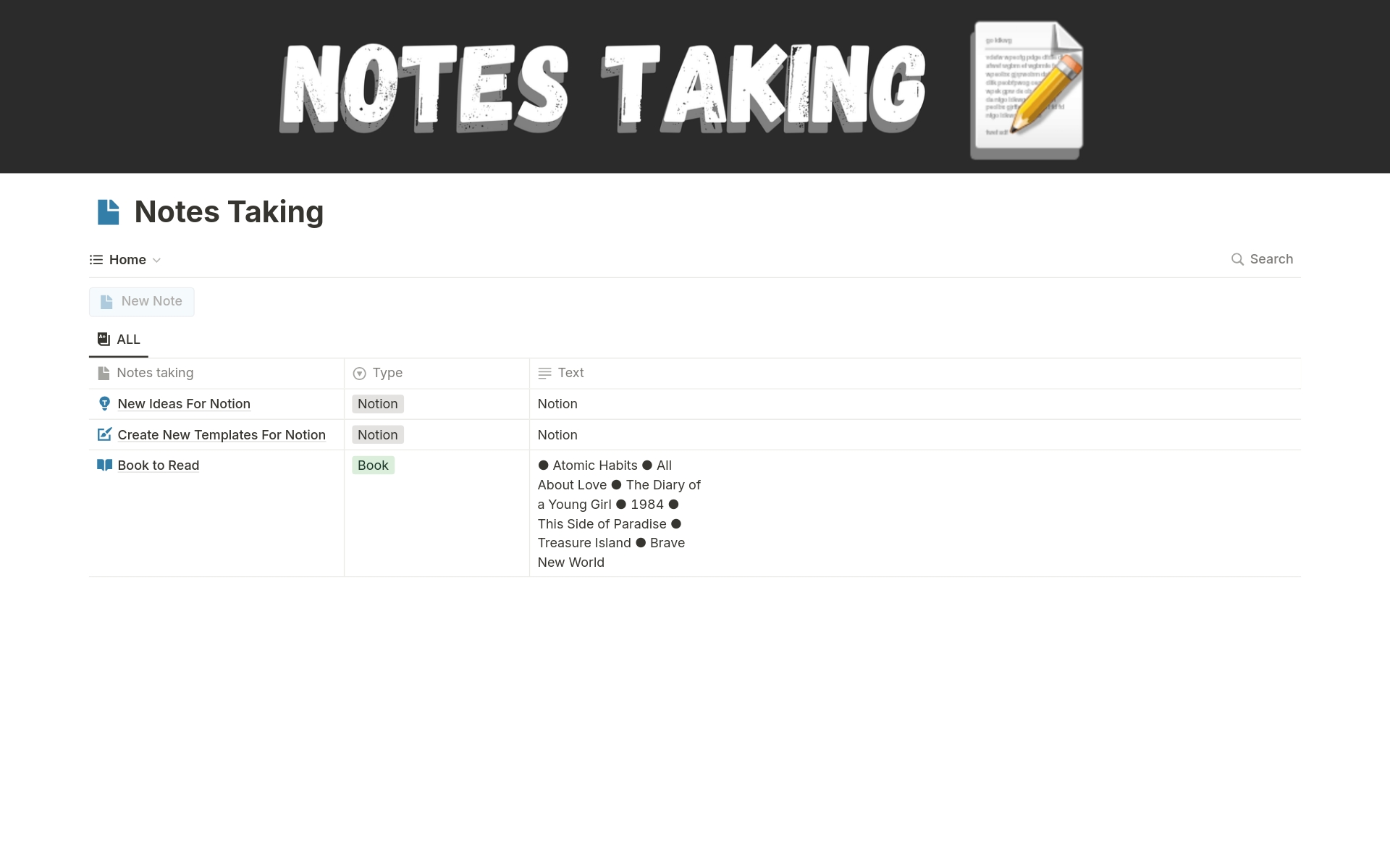 Eine Vorlagenvorschau für Notes Taking