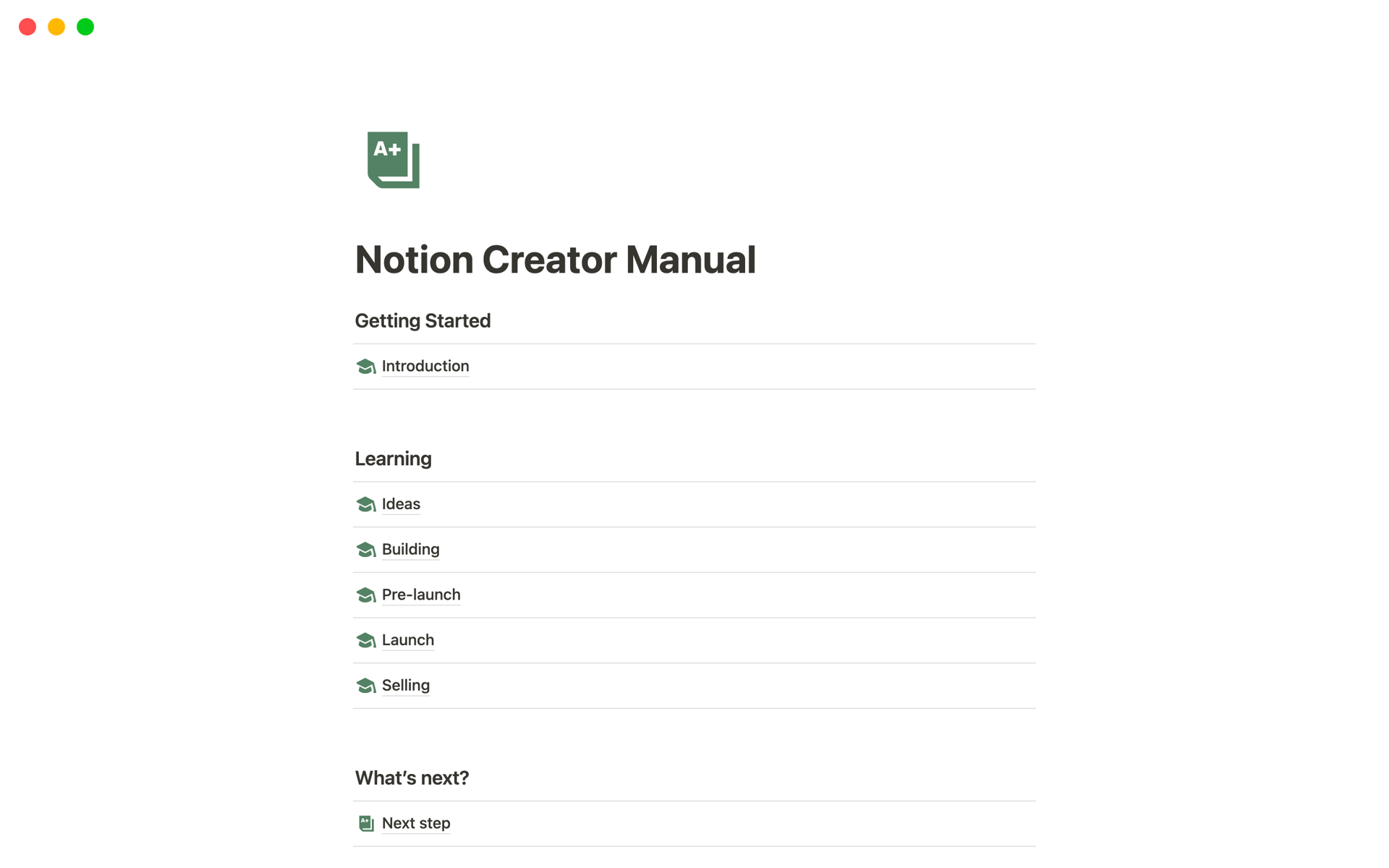 En forhåndsvisning av mal for Notion Template Creator Manual