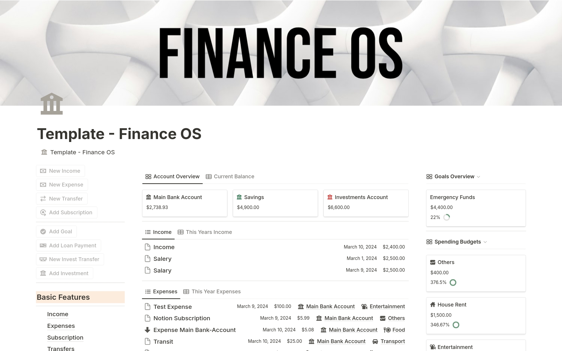 A template preview for Finance OS