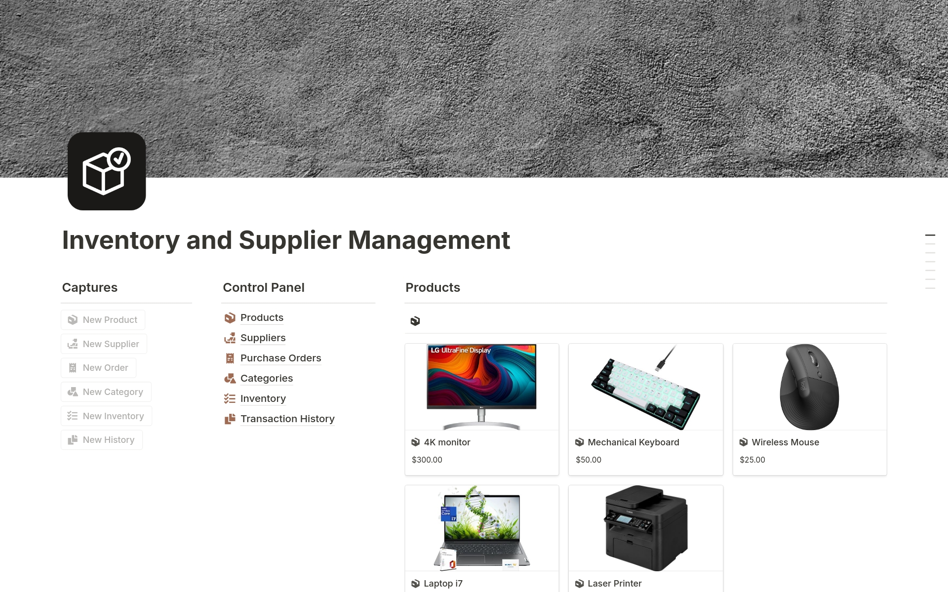 Vista previa de una plantilla para Inventory and Supplier Management 