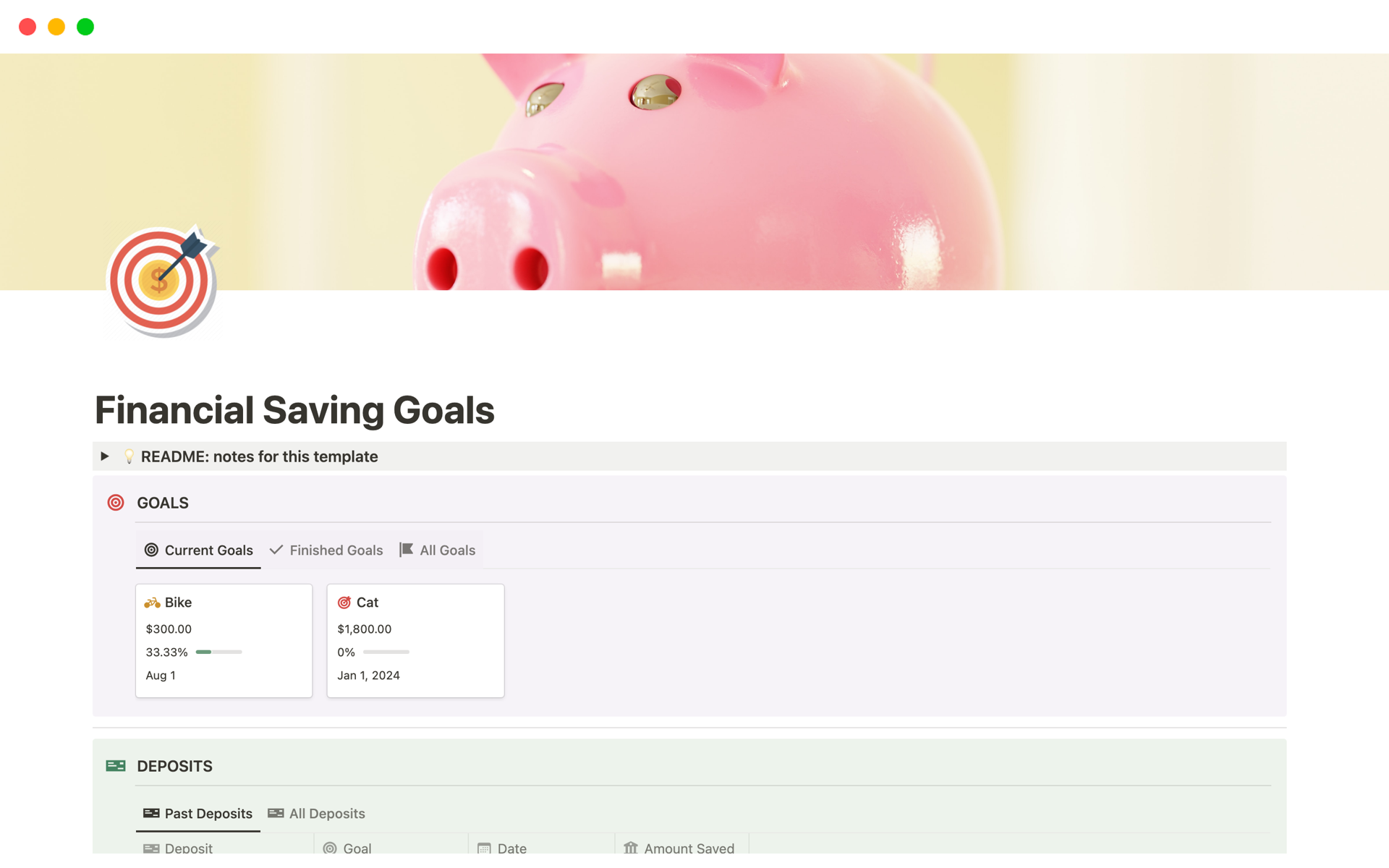 Vista previa de una plantilla para Easy Financial Saving Goals