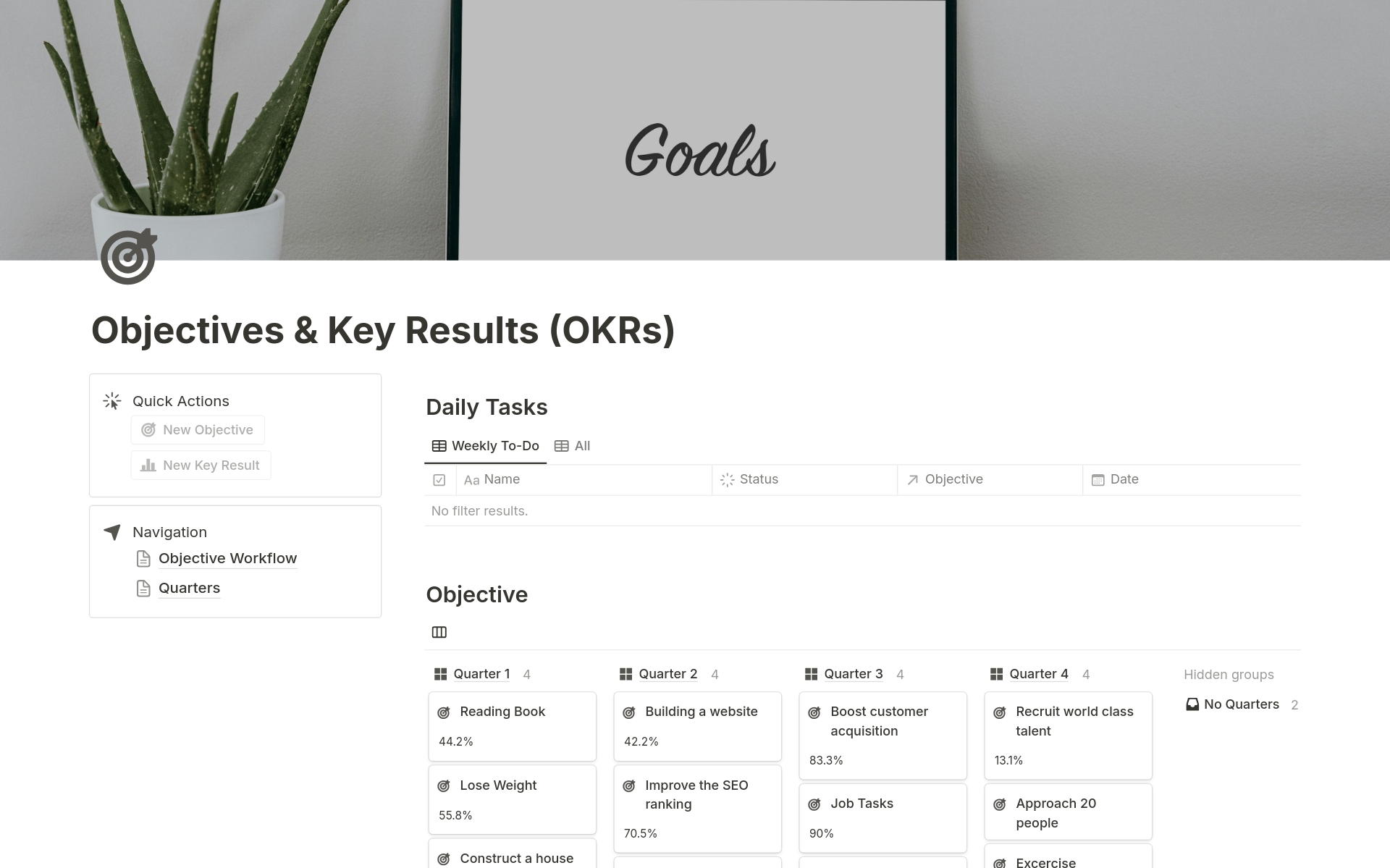 Vista previa de una plantilla para Objectives & Key Results (OKRs)