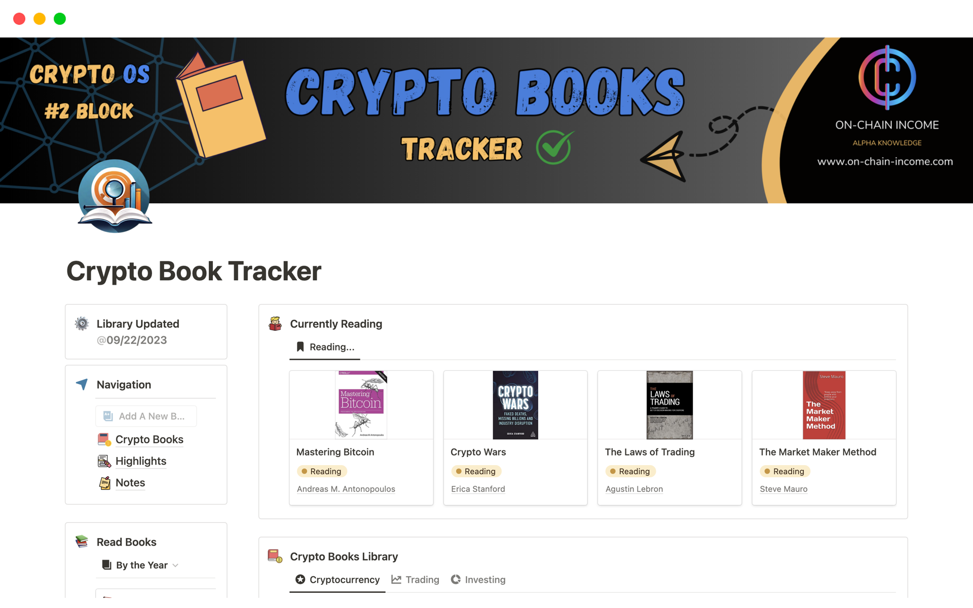 En forhåndsvisning av mal for Crypto Book Tracker 