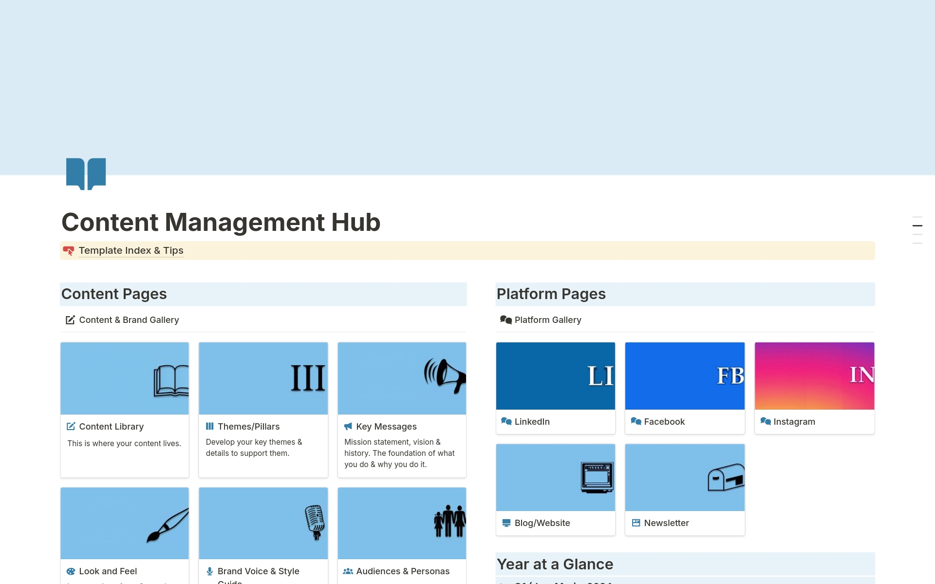 This content management hub gives you not only a place to organise and create your content, but also keeps all the important info that informs that content (personas, style guide, mission statements, etc.) close to hand. 

And being a Notion template, it's easy to customise.