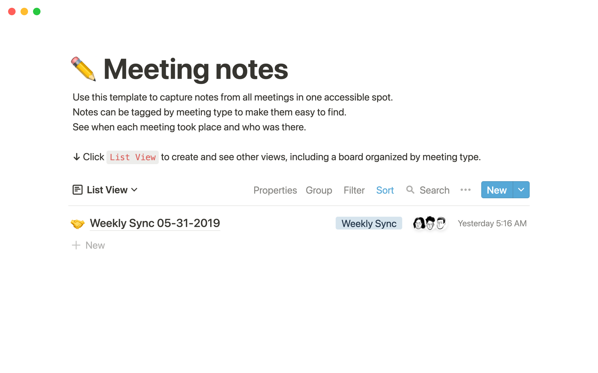 Vista previa de una plantilla para Meeting notes