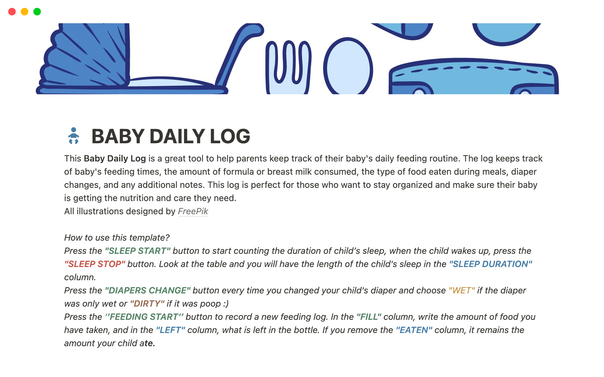 En förhandsgranskning av mallen för Baby Daily Log
