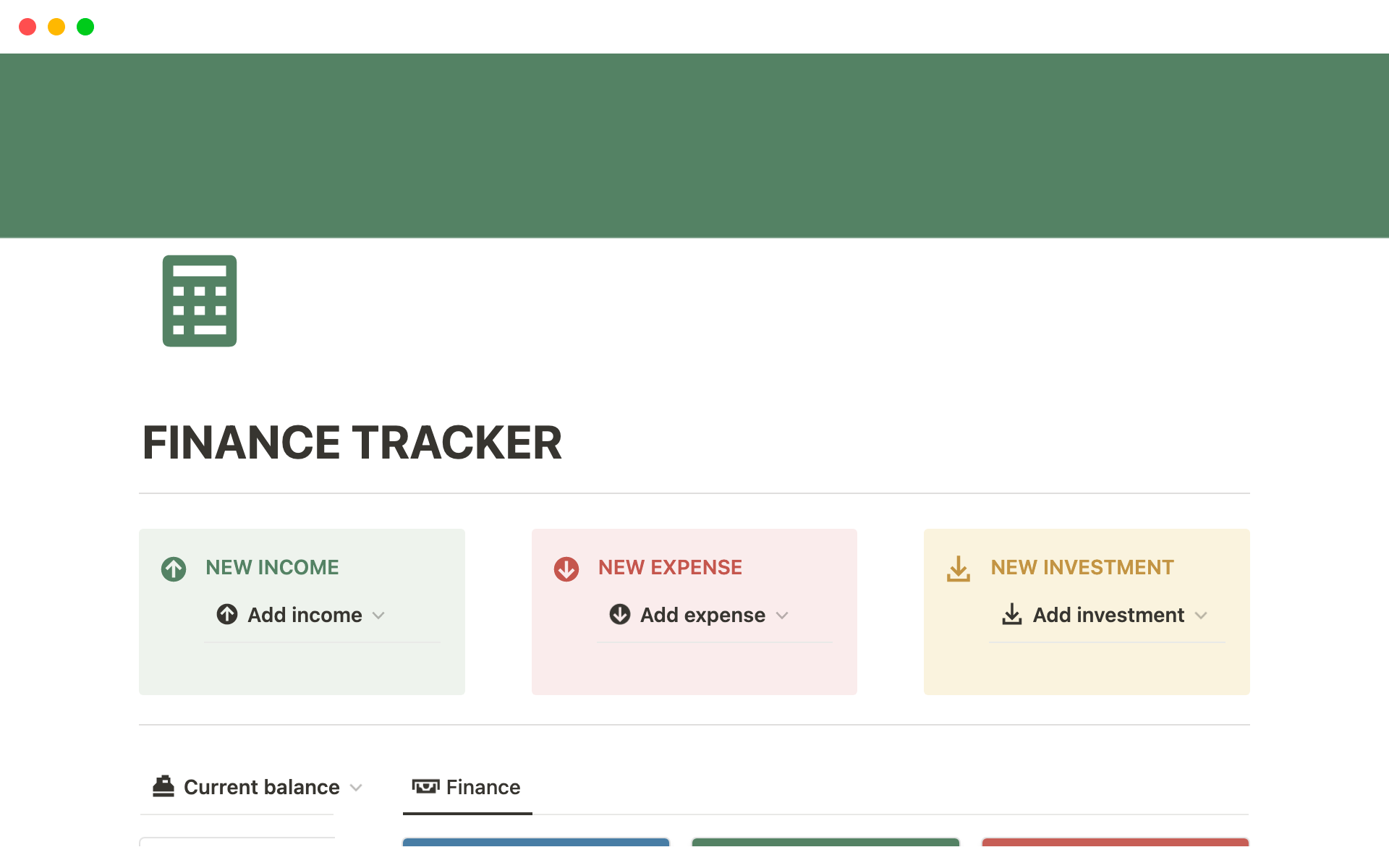 Uma prévia do modelo para Finance Tracker