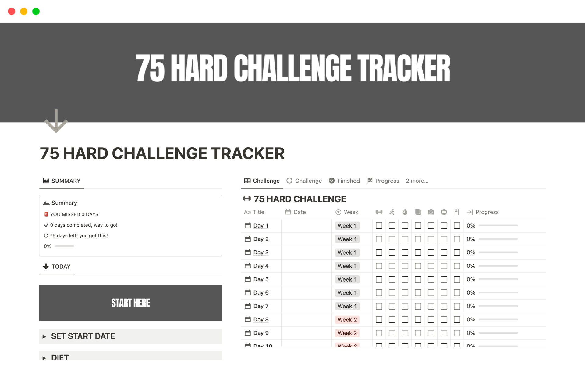 En forhåndsvisning av mal for 75 HARD CHALLENGE TRACKER