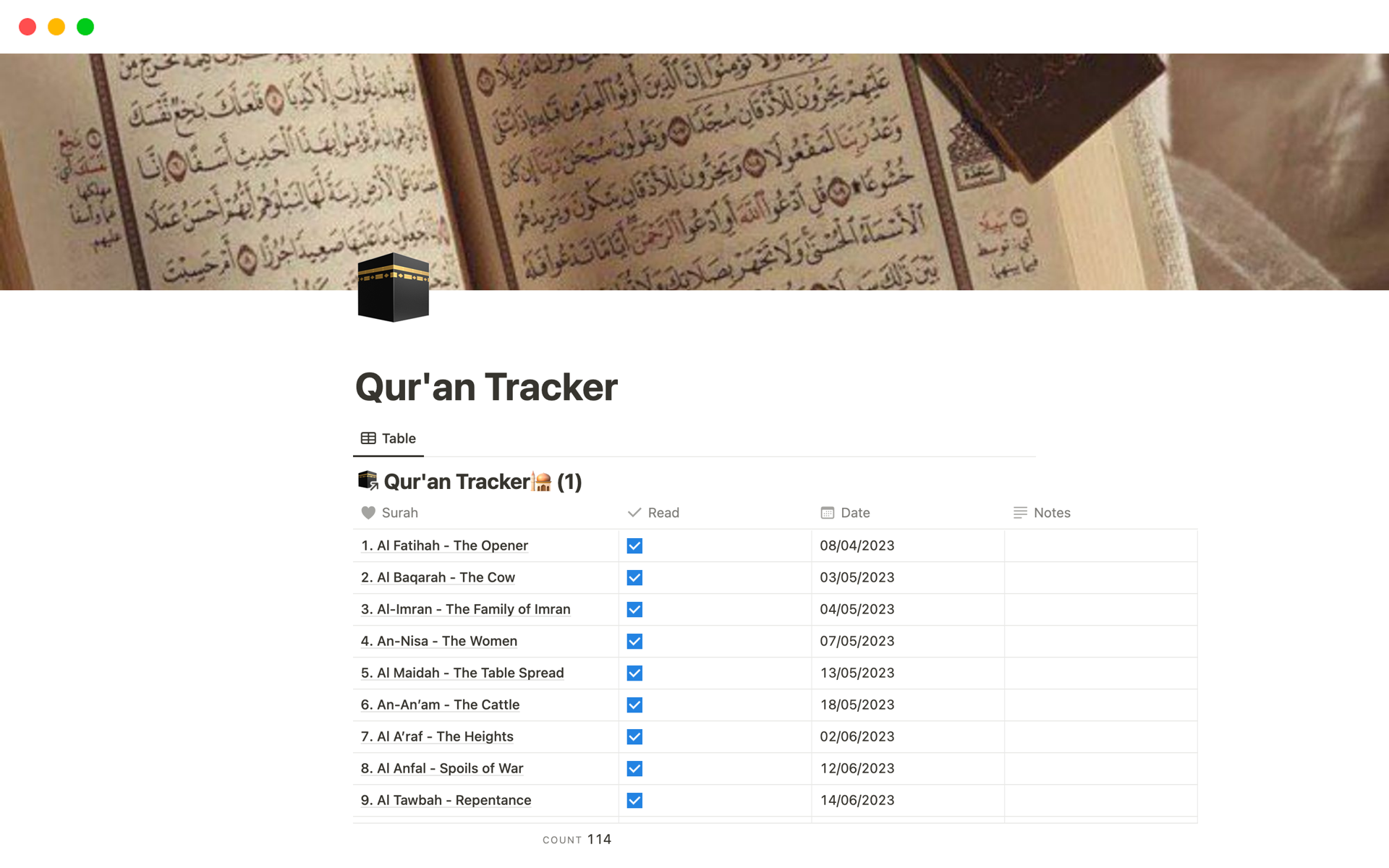 En forhåndsvisning av mal for Qur'an Tracker