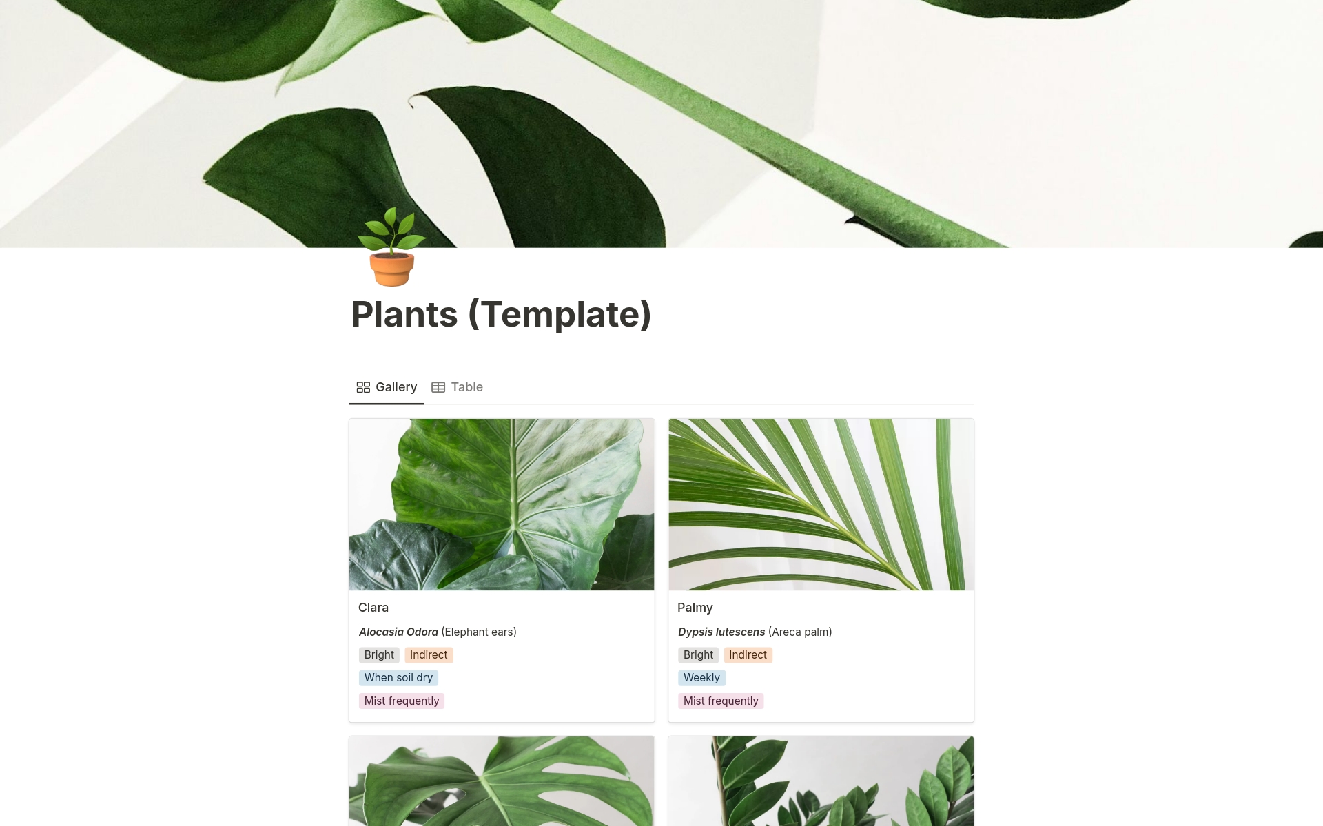 A template preview for Plant inventory