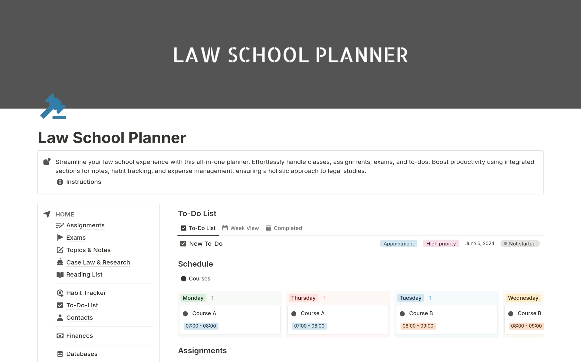 En forhåndsvisning av mal for Law school planner