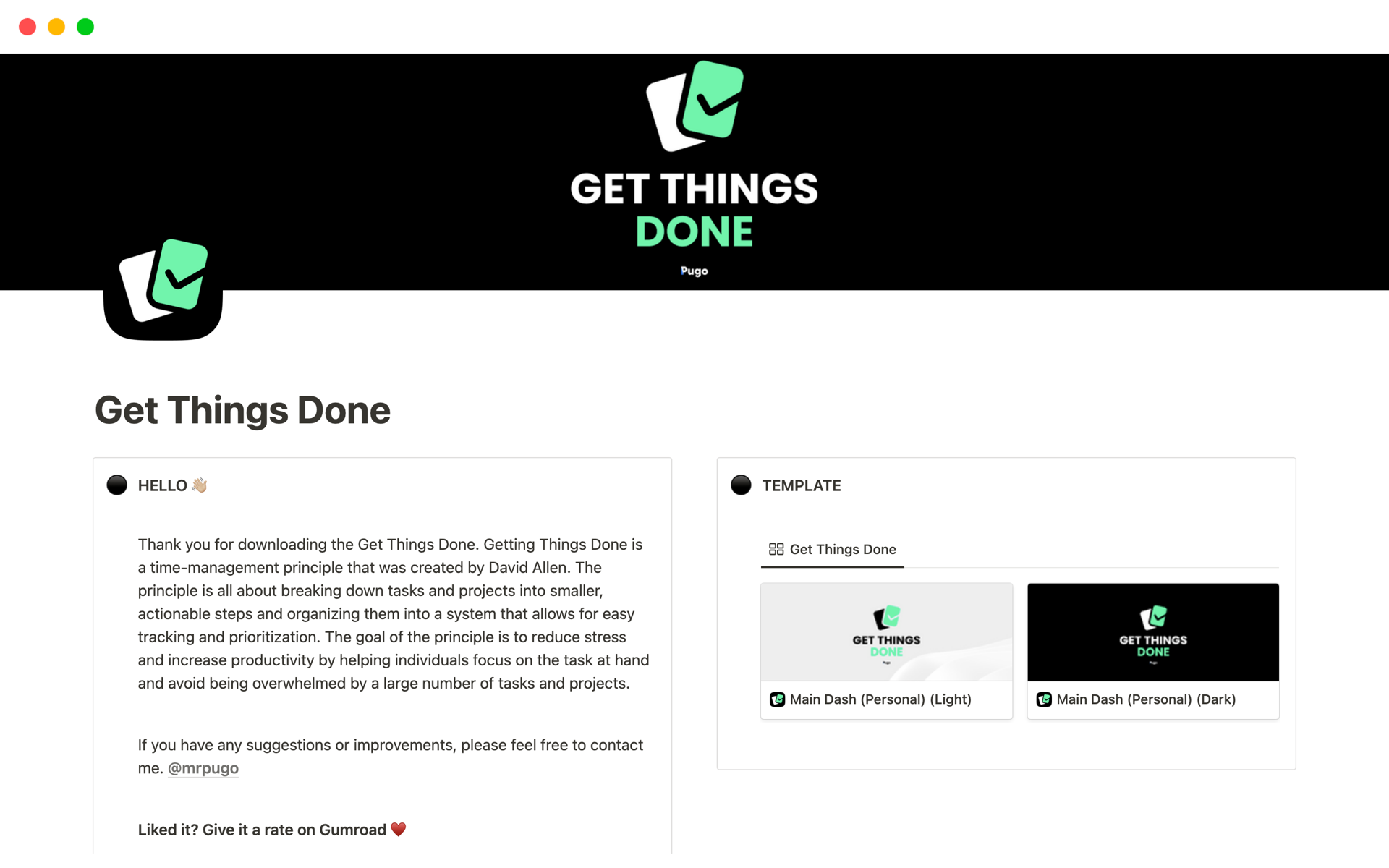 Eine Vorlagenvorschau für Getting Things Done (GTD)
