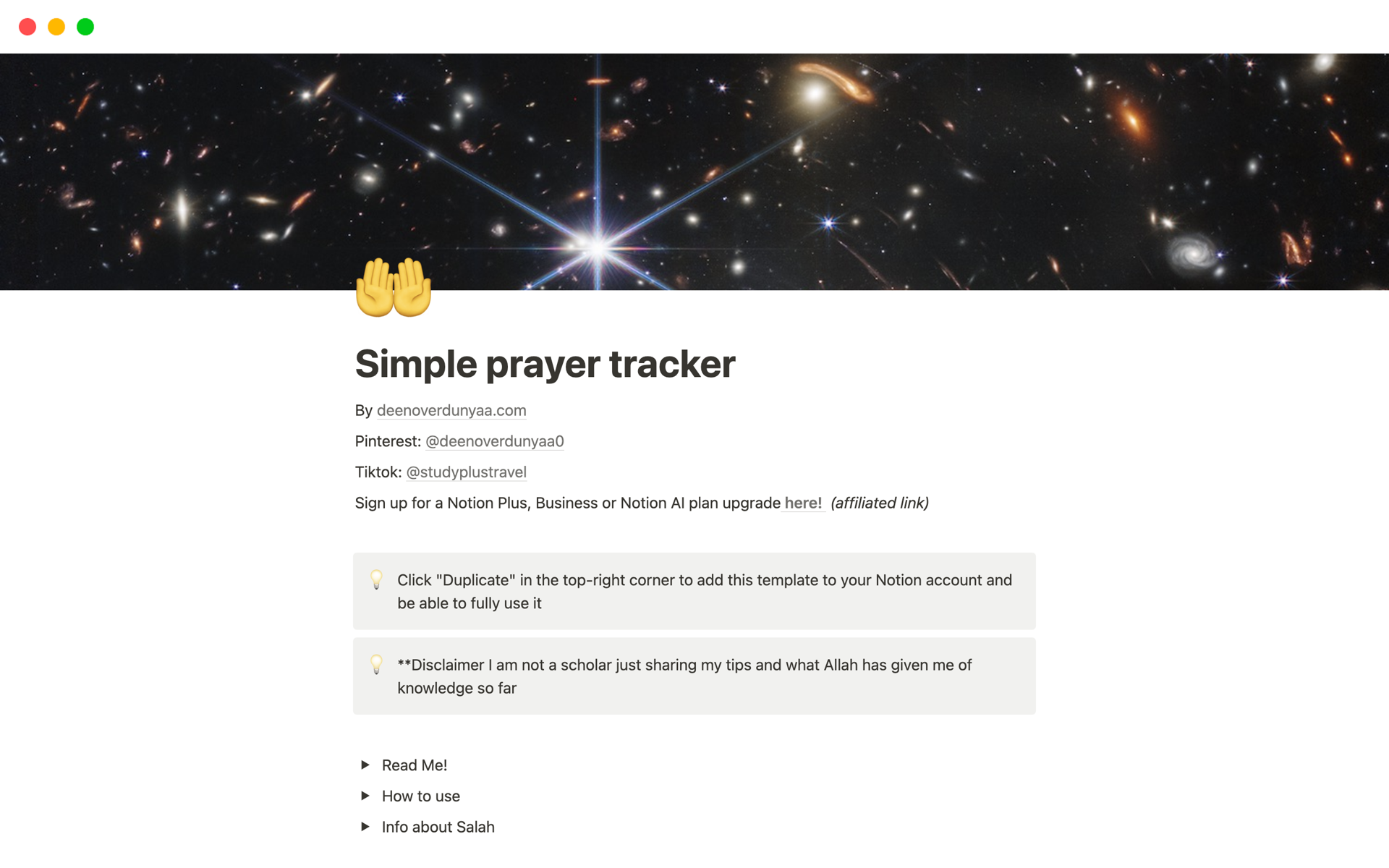 Vista previa de plantilla para Simple prayer tracker