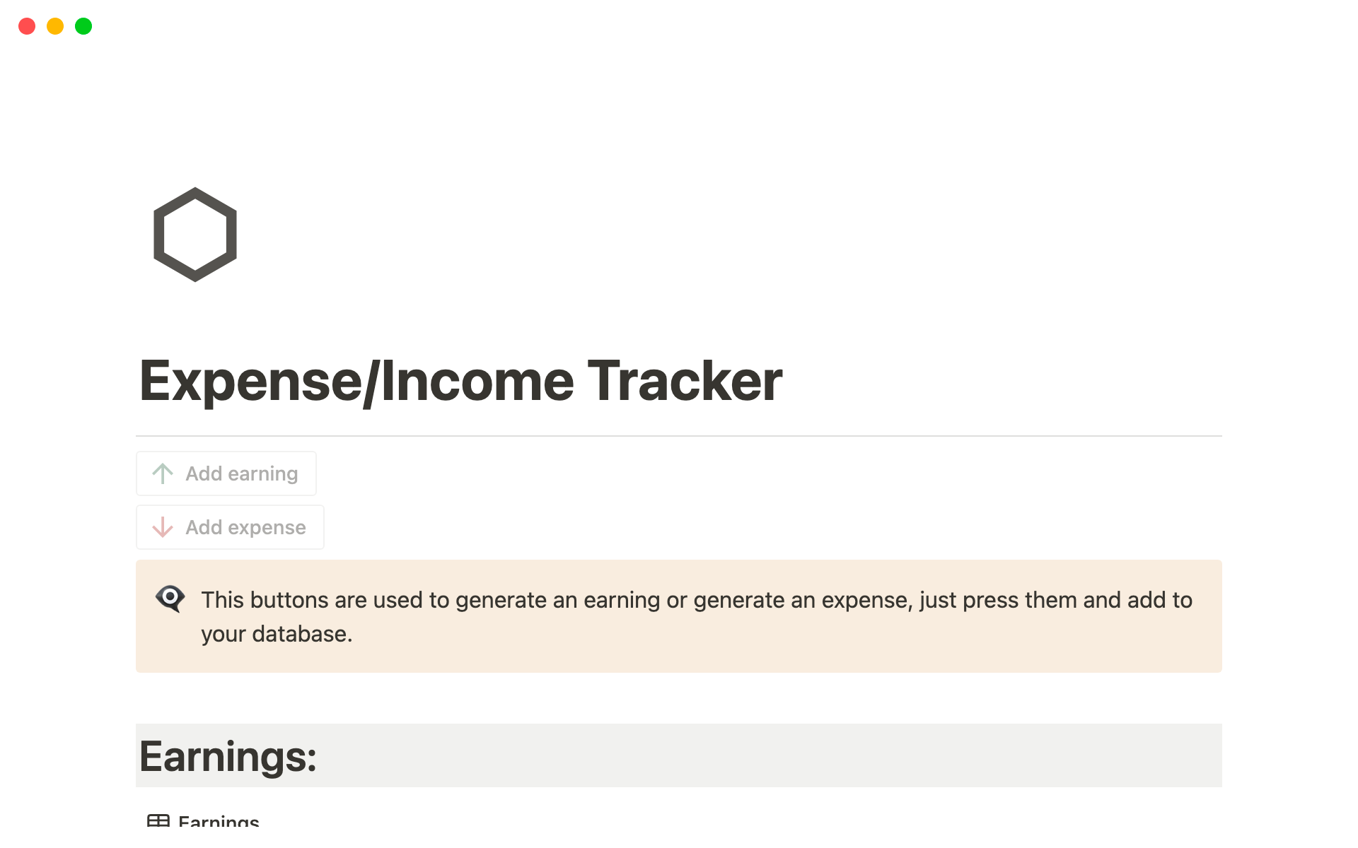 En forhåndsvisning av mal for Expense/Income tracker