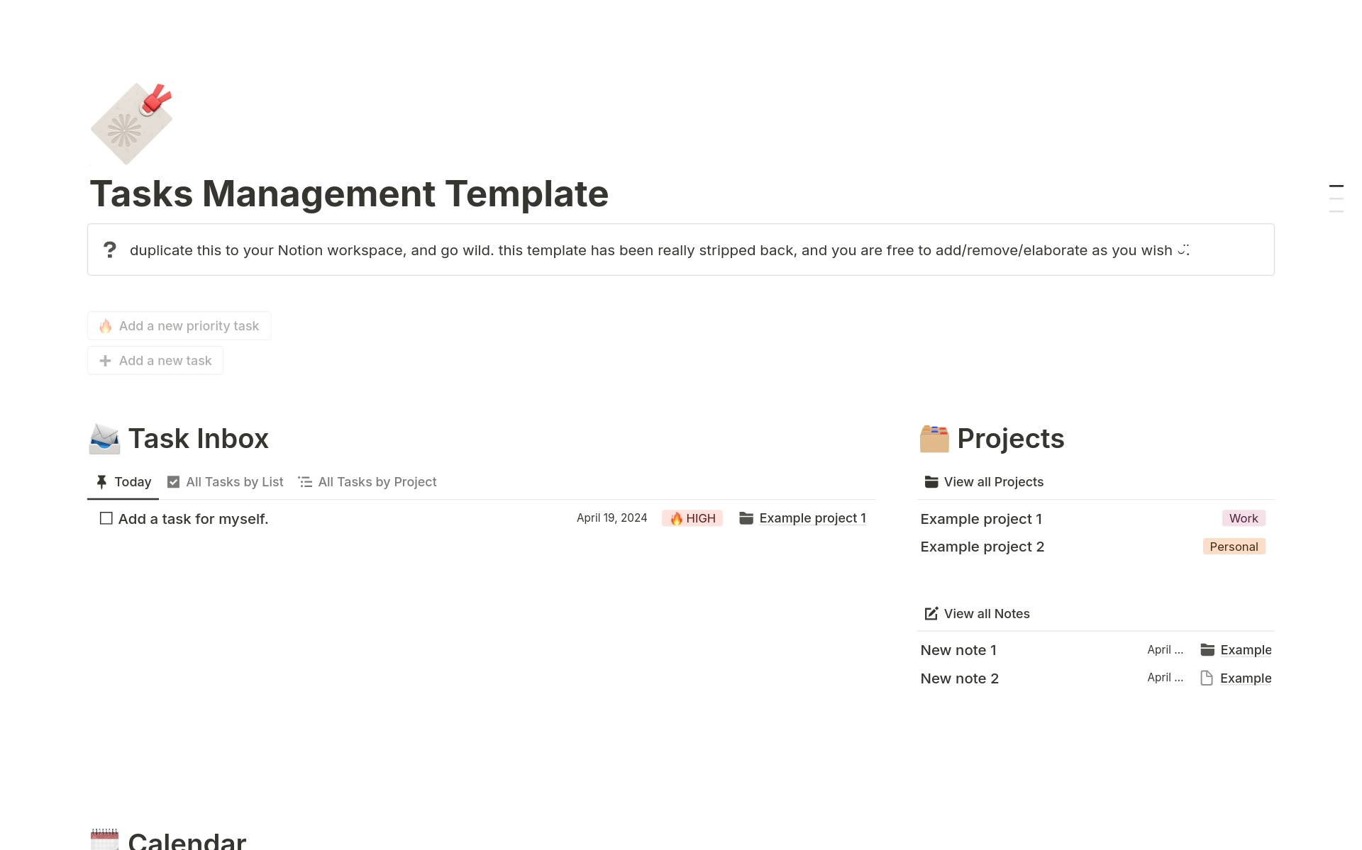 Simple multi-project task management template with calendar view.