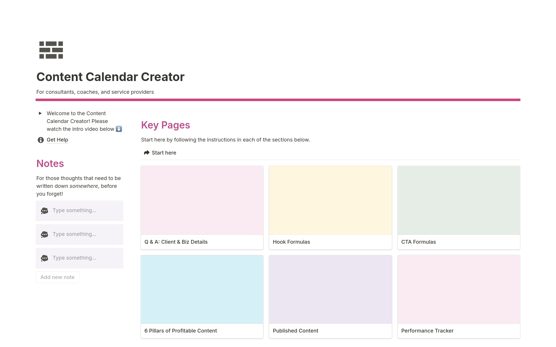 En förhandsgranskning av mallen för Content Calendar Creator