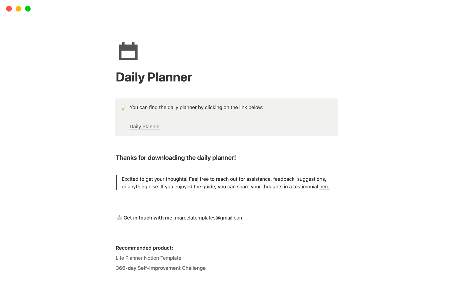 En förhandsgranskning av mallen för Daily Planner