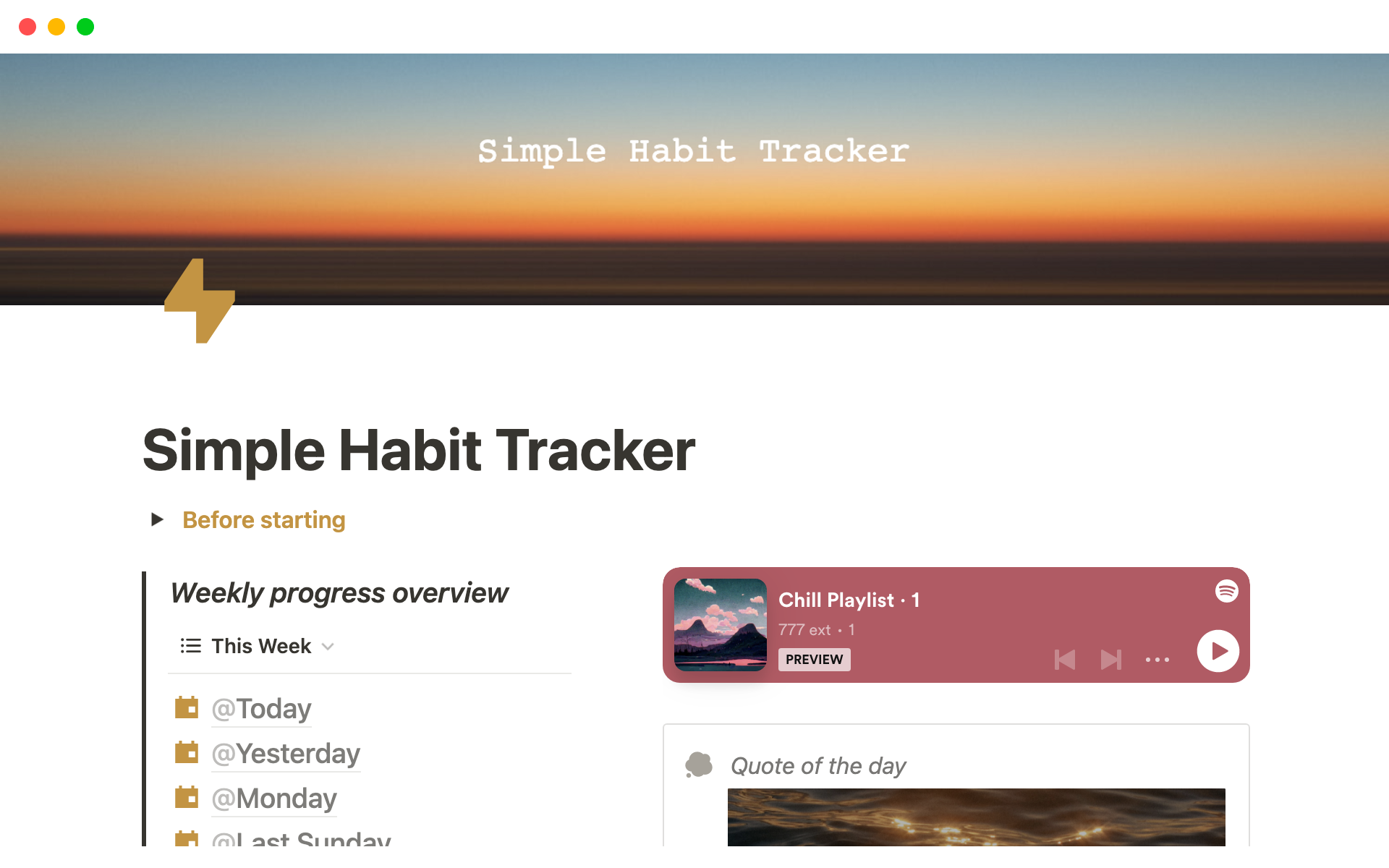 En förhandsgranskning av mallen för Simple Habit Tracker
