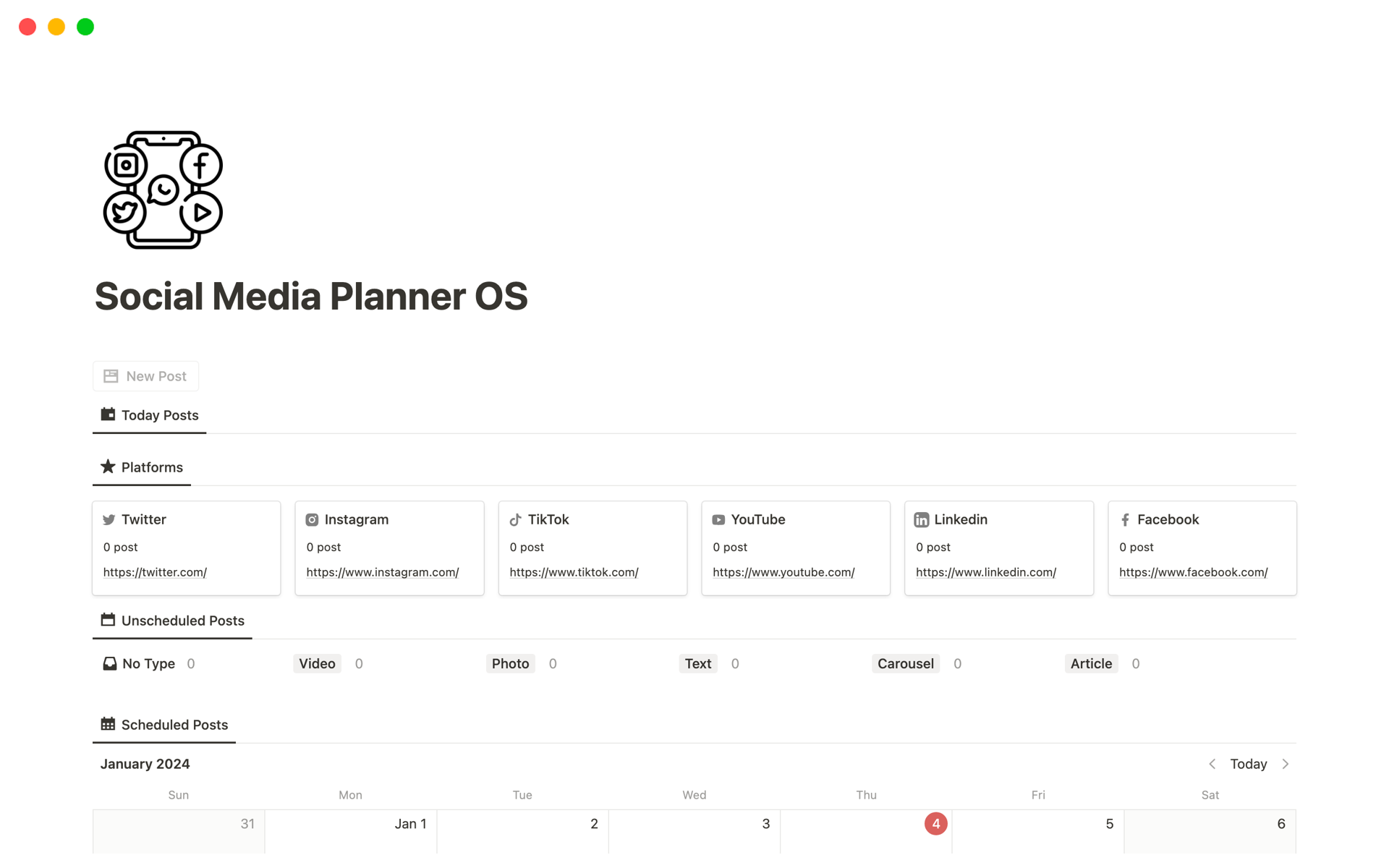 Vista previa de una plantilla para Social Media Planner OS 