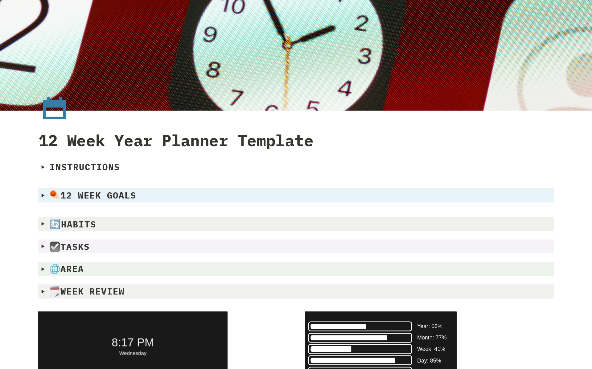 Vista previa de una plantilla para 12 Week Year Planner With Habit Tracker