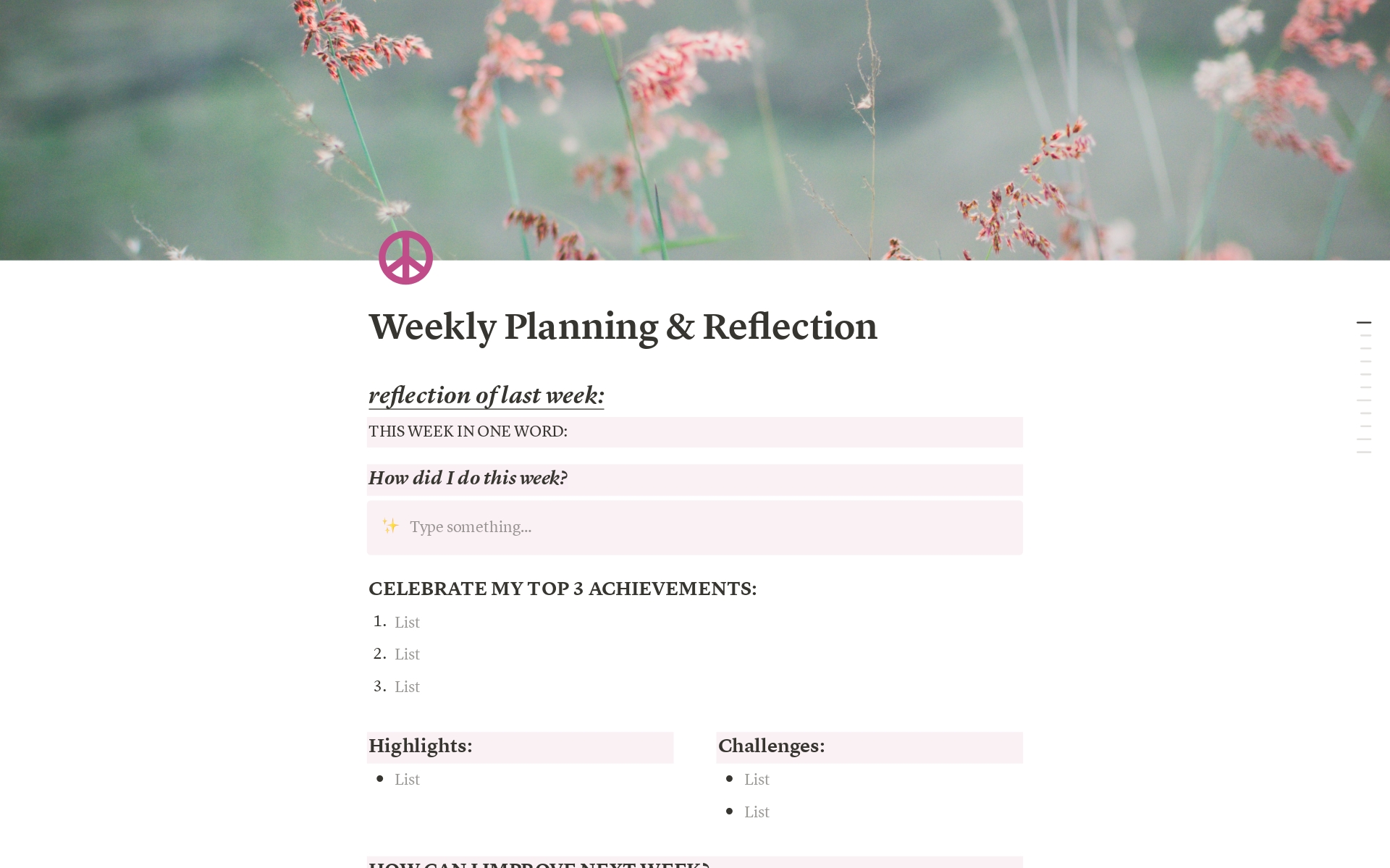 This template helps you check in at the end of every week to: 
1. Reflect on how your week went 
2. Plan the coming week
3. Track daily habits you want to make into routines