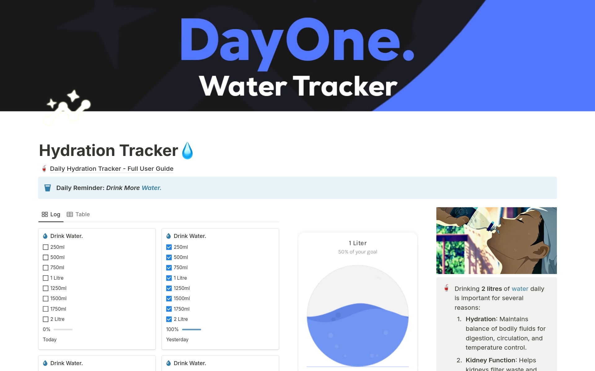 The Day One Hydration tracker is a simple yet effective tool for ensuring adequate daily water intake (2 Litres)
