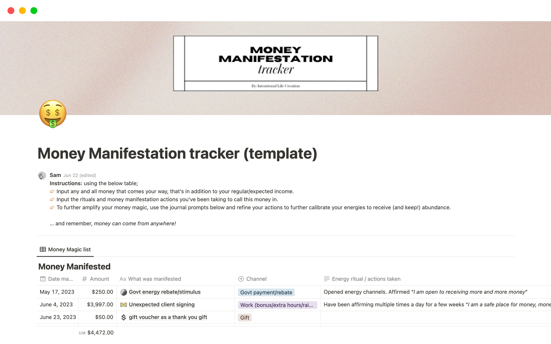 En forhåndsvisning av mal for Money Manifestation tracker (template)
