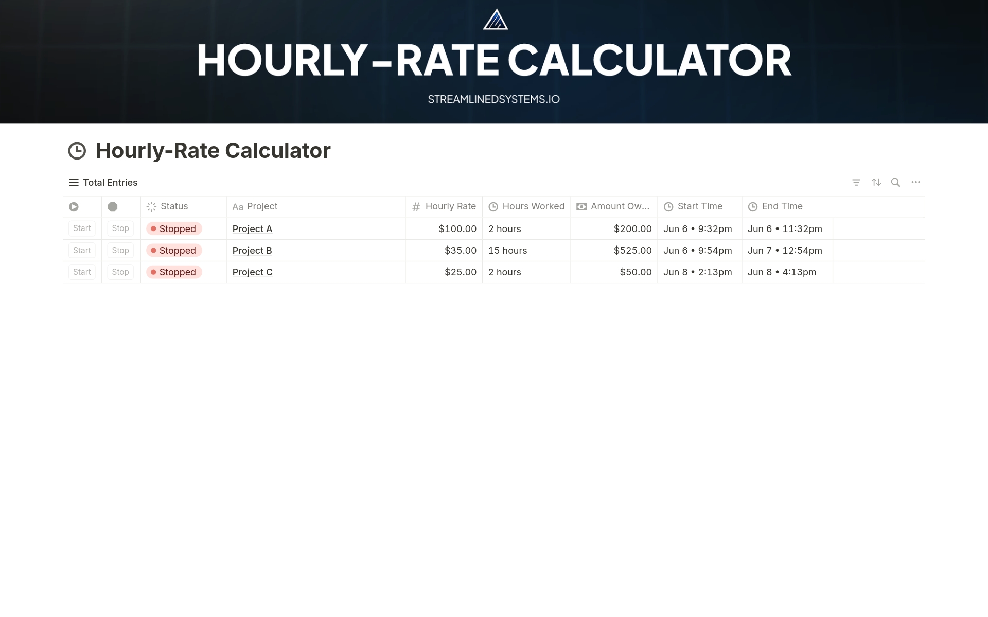 En forhåndsvisning av mal for Hourly-Rate Calculator