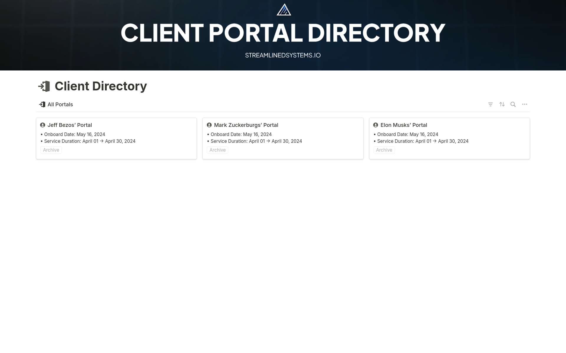 En forhåndsvisning av mal for Client Portal Directory