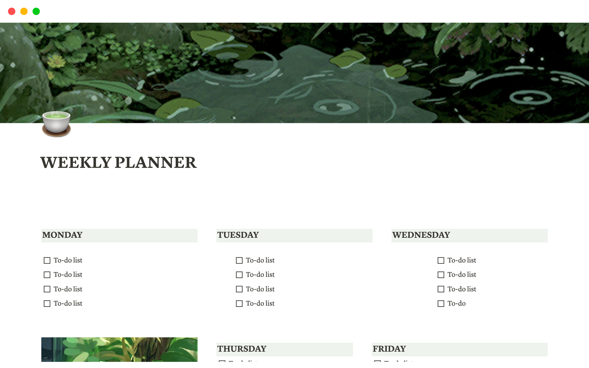 A template preview for Green Aestethic Weekly Planner