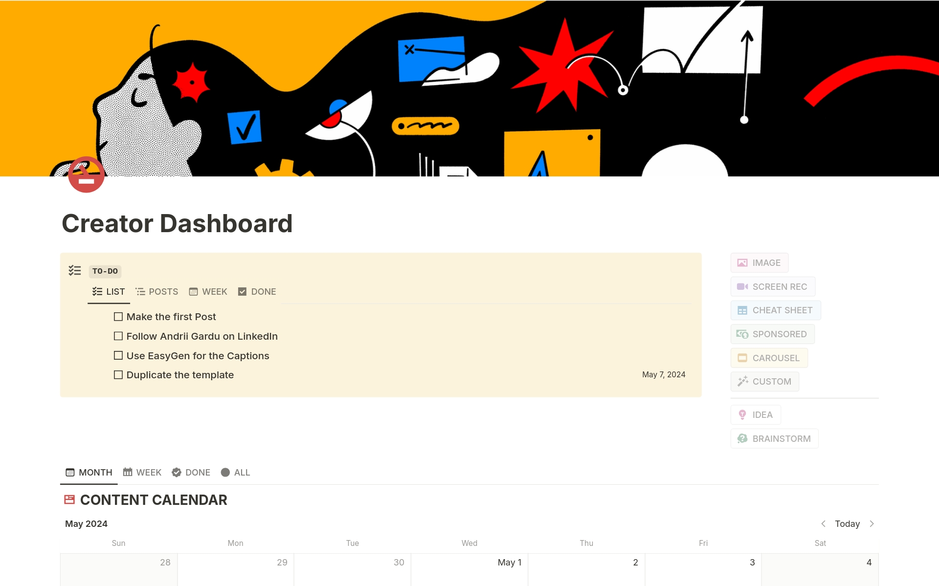 Vista previa de plantilla para Content Creator Dashboard