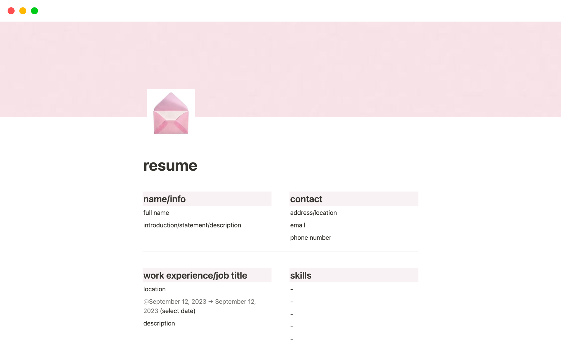 A template preview for pink resume