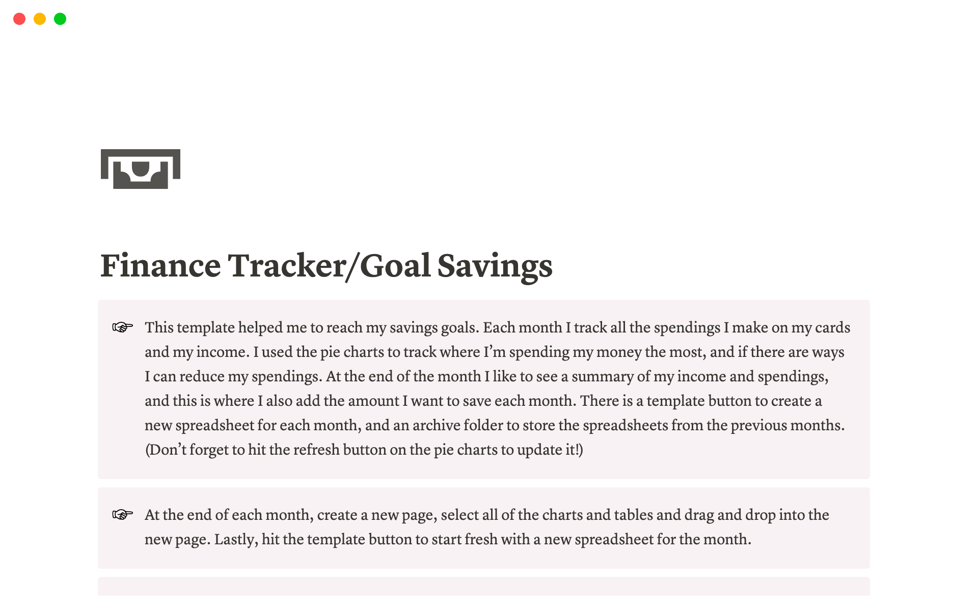 En förhandsgranskning av mallen för Finance Tracker/Goal Savings