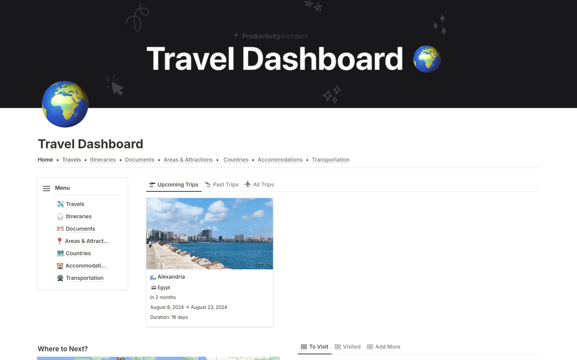 Vista previa de una plantilla para Travel Dashboard