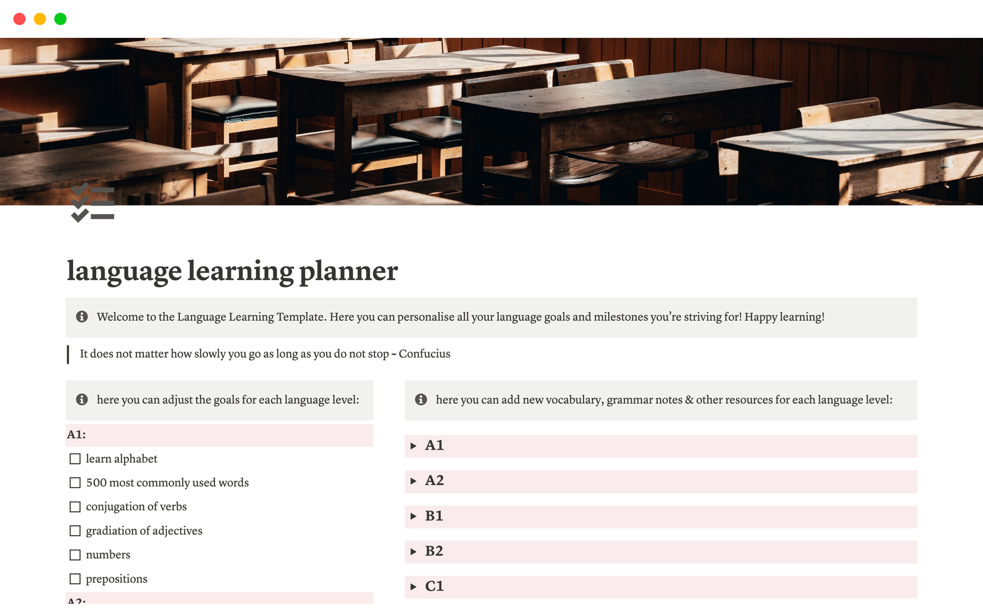 A template preview for language learning planner