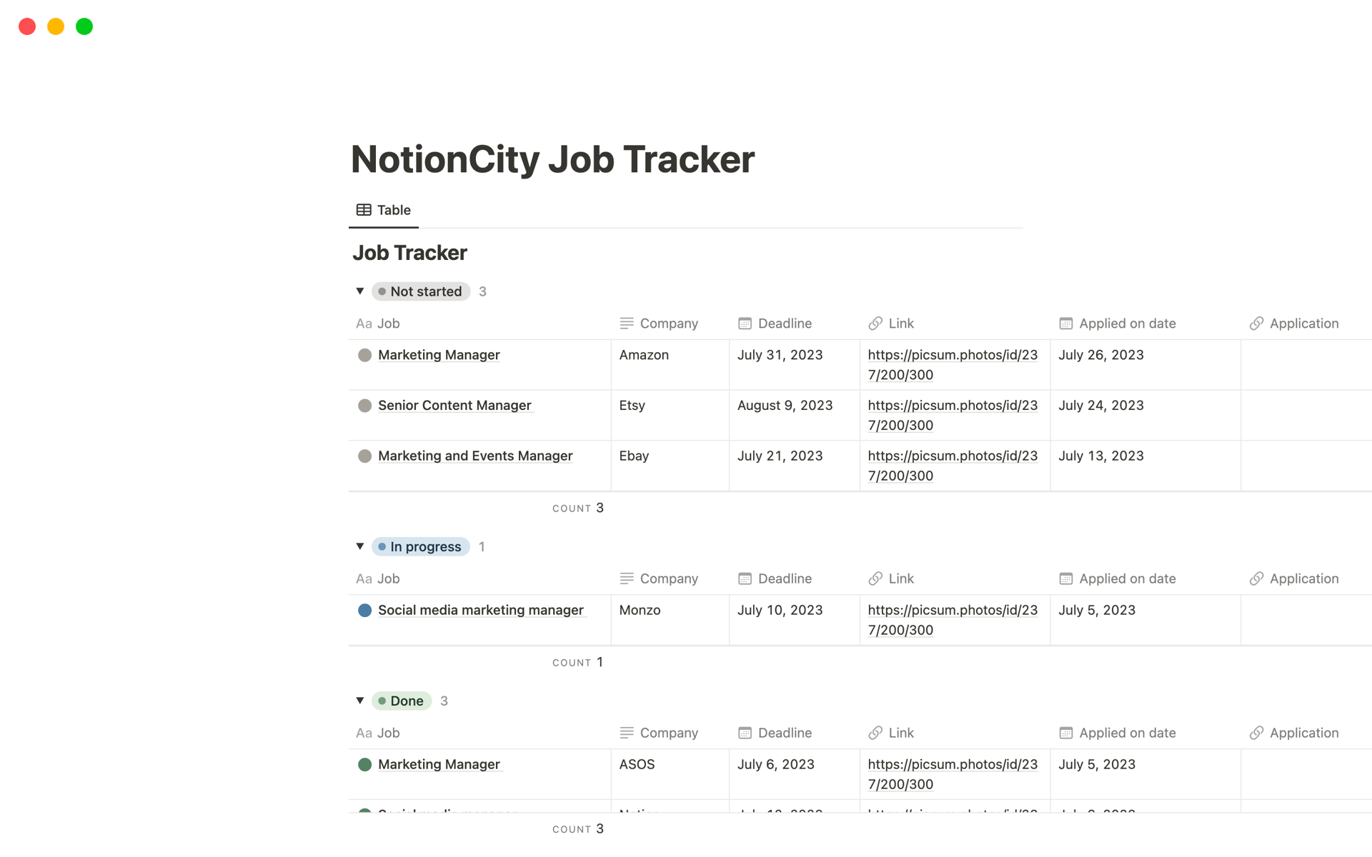 A template preview for Free Job Tracker