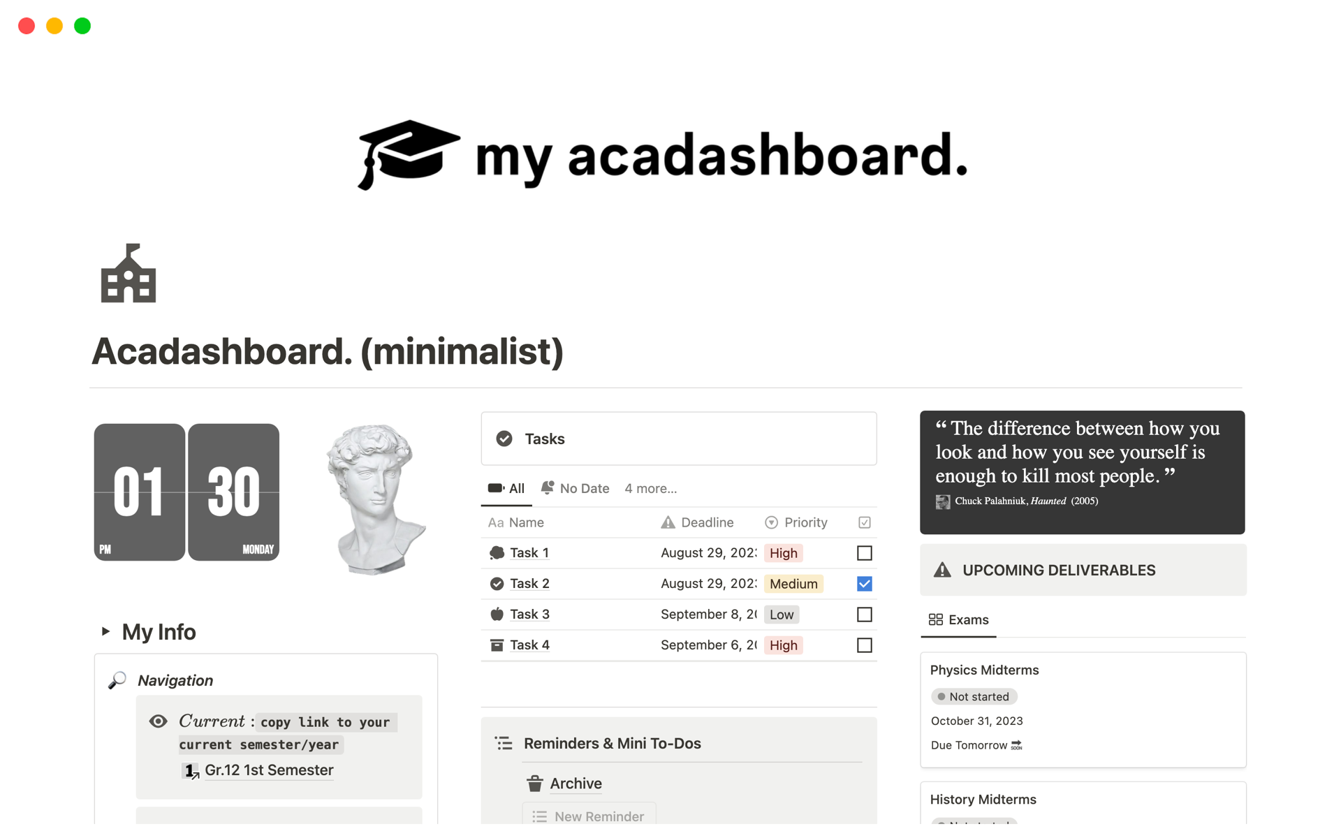 En förhandsgranskning av mallen för Minimalist Acadashboard: Student OS
