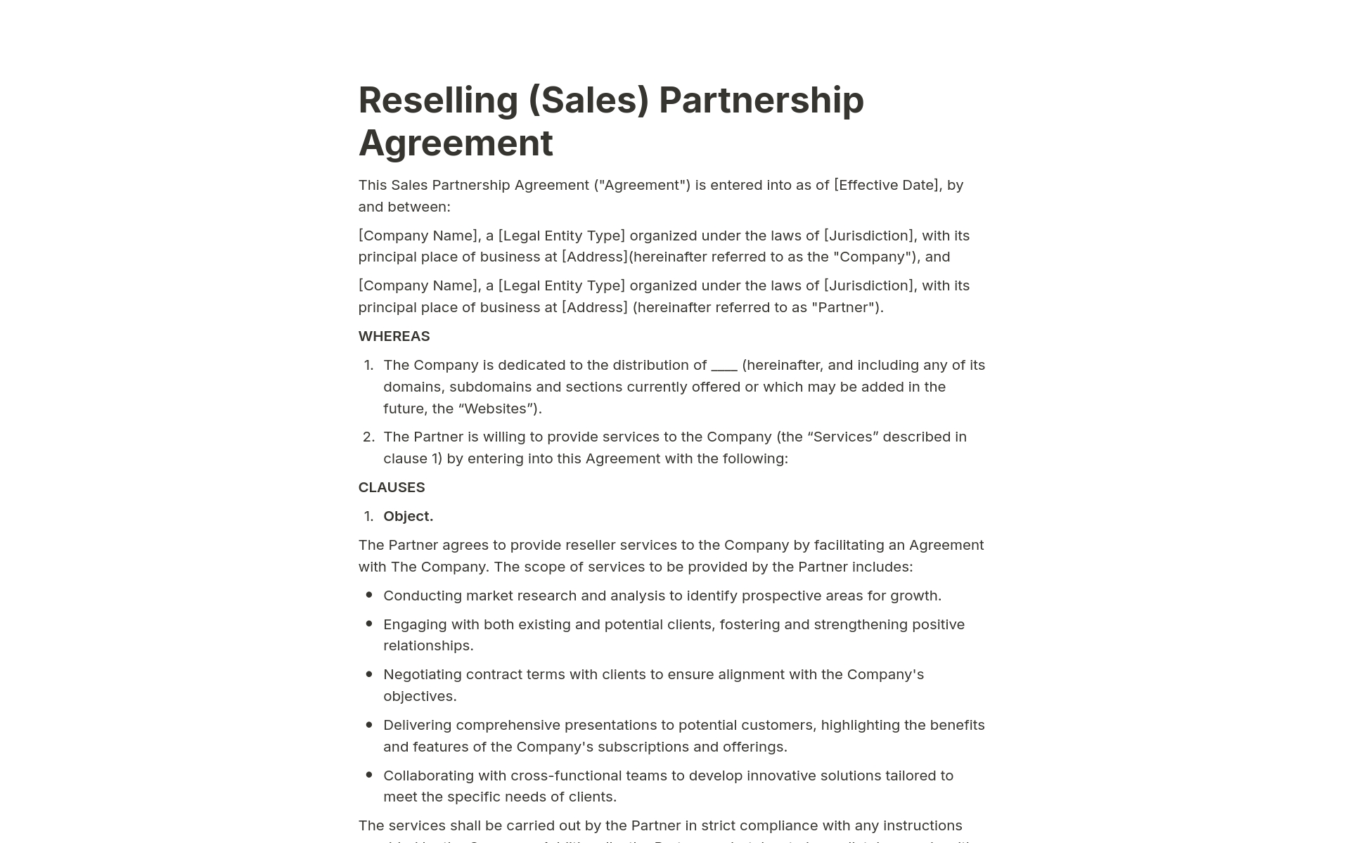 A template preview for Reselling (Sales) Partnership Agreement