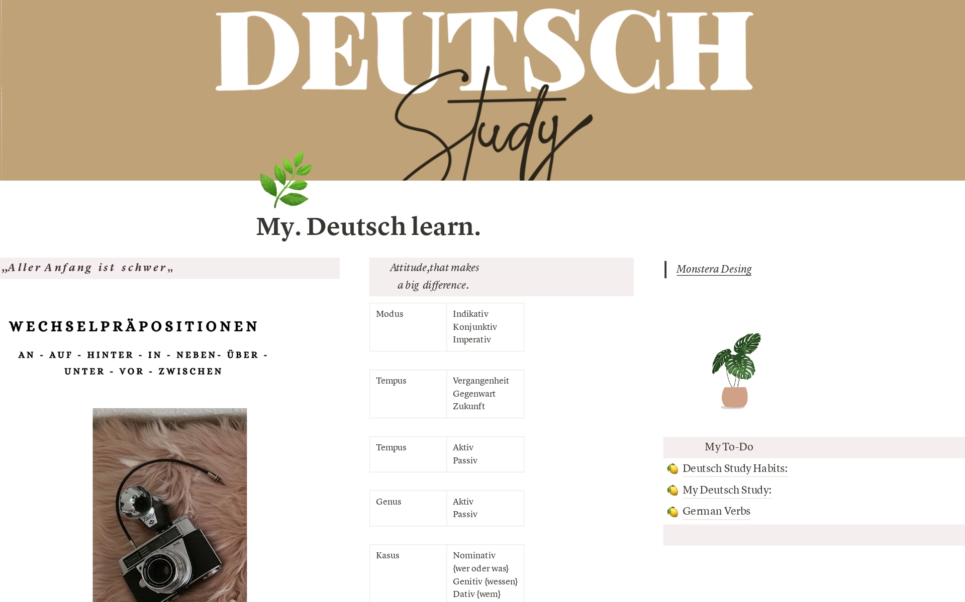 In this template you have the organization you need to study the German language, provides you with a list of 20 verbs with their respective fixed prepositions and a tracker for your study habits. You have a section to organize your grammar themes and your first lesson. 