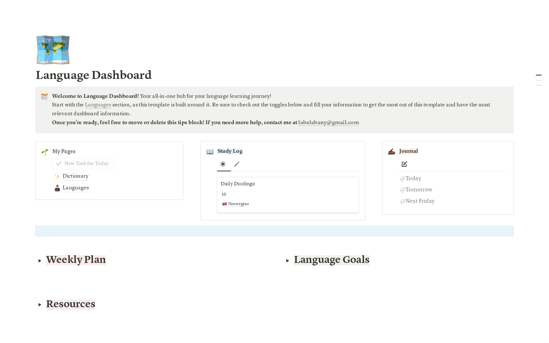 Unlock your language learning potential! This Notion Language Learning Dashboard streamlines your study process with a customizable dictionary, daily study log, journal, goal tracker, weekly planner, and resources section.