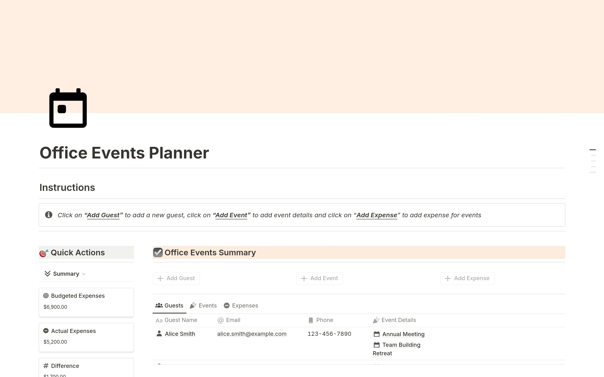 Ideal for those who are looking to manage their office events under one glance. This tracker helps you keep track of guest lists, all events scheduled, total expenses and much more.