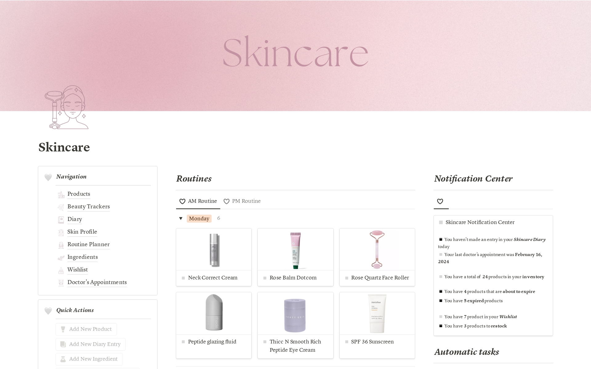 Take your skincare to the next level with this advanced template, designed for streamlined routines and effective product tracking.