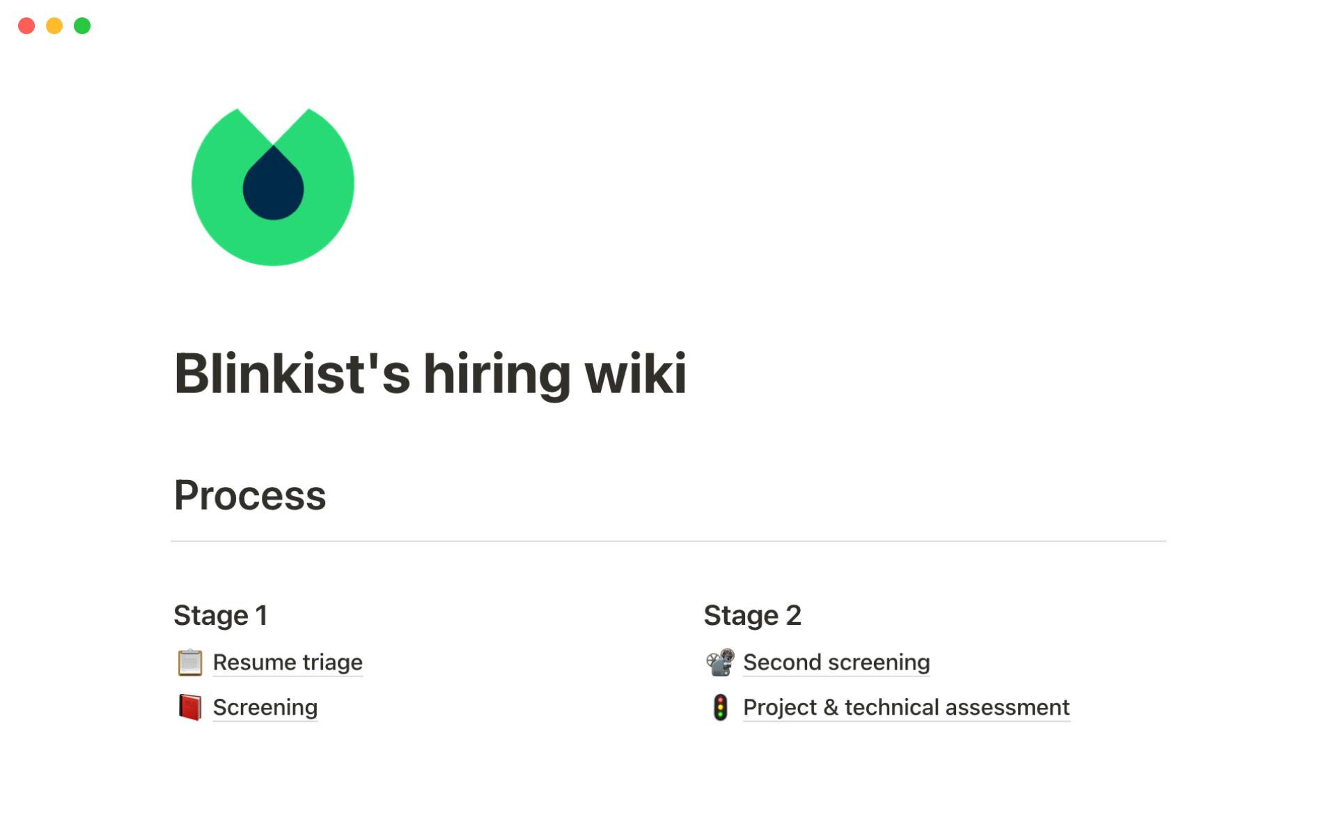 En forhåndsvisning av mal for Blinkist's hiring wiki