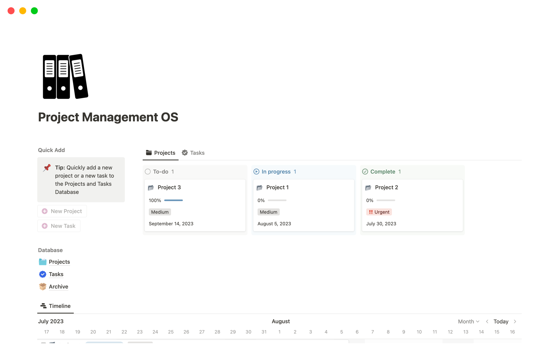 En förhandsgranskning av mallen för Project Management OS
