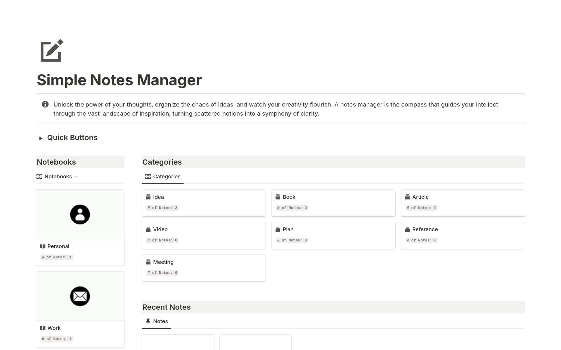 En förhandsgranskning av mallen för Simple Notes Manager