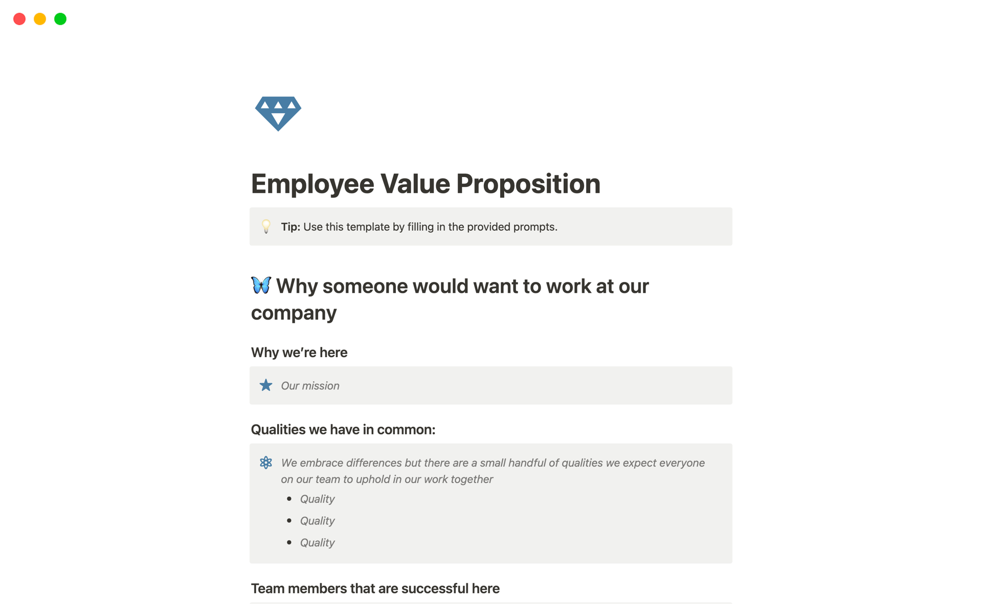 En förhandsgranskning av mallen för Employee Value Proposition