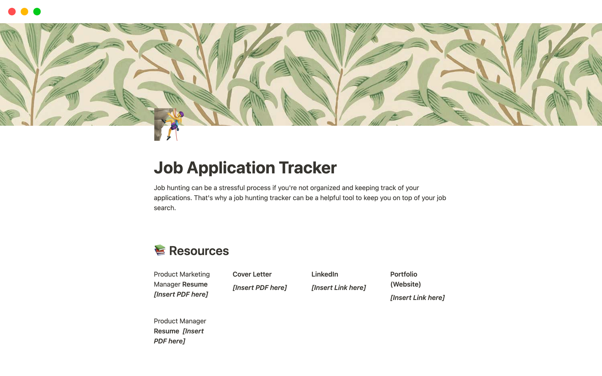 En forhåndsvisning av mal for Job Application Tracker
